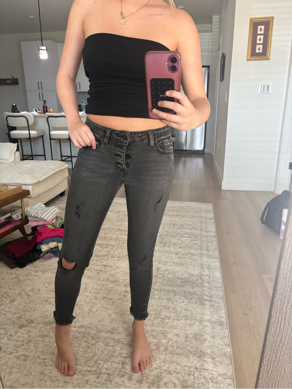 High-Rise Distressed Skinny Jeans - Charcoal Gray